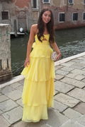 Chiffon A-Line Spaghetti Straps Tiered Prom Outfit Wedding Guest Dress