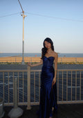 Classy Sweetheart Mermaid Satin Prom Dress Navy Blue Slit Special Occasion Dresses