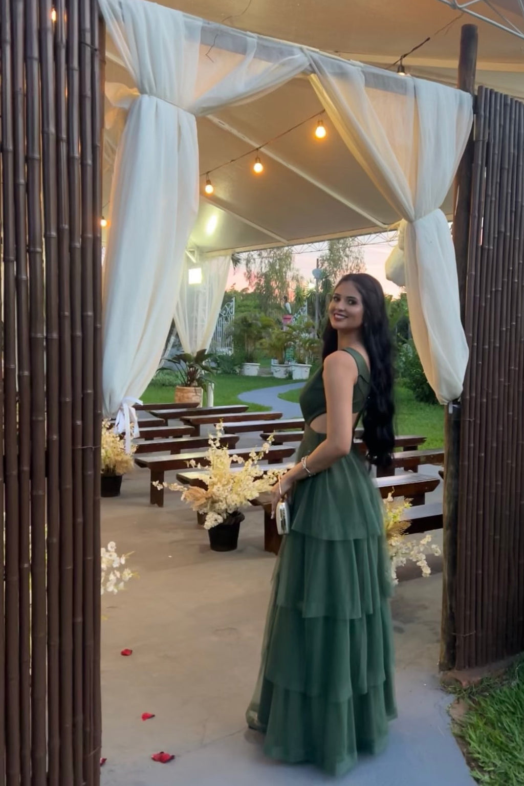 V Neck Green A Line Long Prom Dress Tulle Wed Party Dress