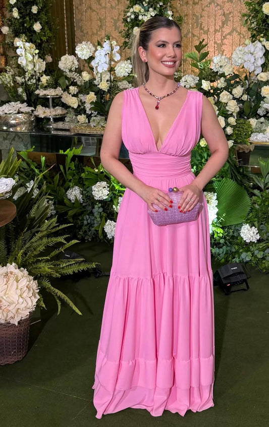 V Neck Pink Long Wedding Guest Dresses Modest Lady Dress for Party