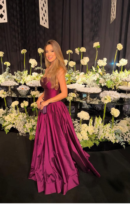 Strapless Fuchsia Satin Long Formal Dress Wedding Guest Dresses