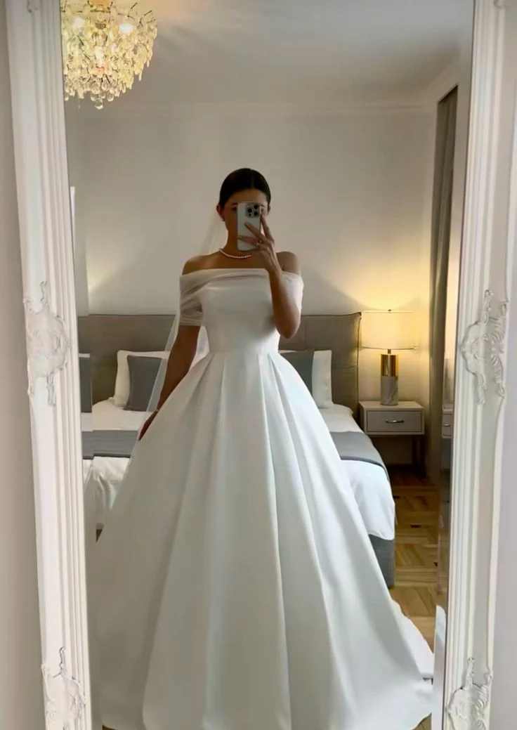 White Off The Shoulder Wedding Dresses A Line Long Simple Bridal Gown