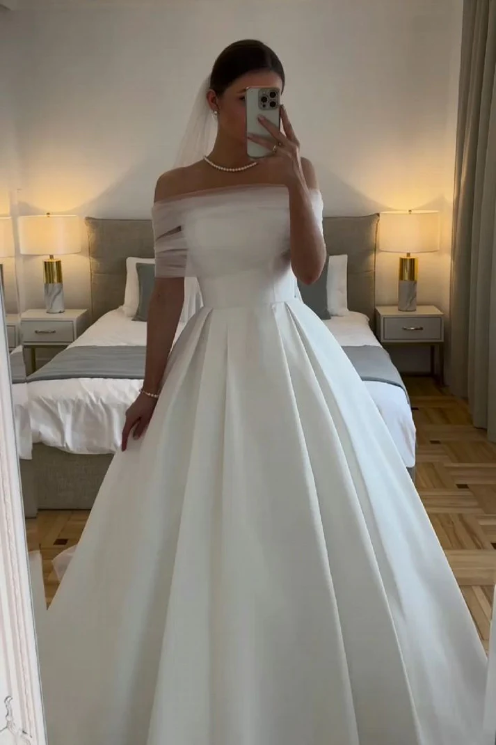 White Off The Shoulder Wedding Dresses A Line Long Simple Bridal Gown