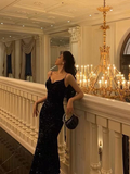 Sheath Spaghetti Straps Slim Fit Sequin Black Prom Outfit Long Gala Dresses