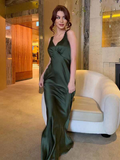 Simple Satin Dark Green V-Neck Maxi Dress Wedding Guest Dresses