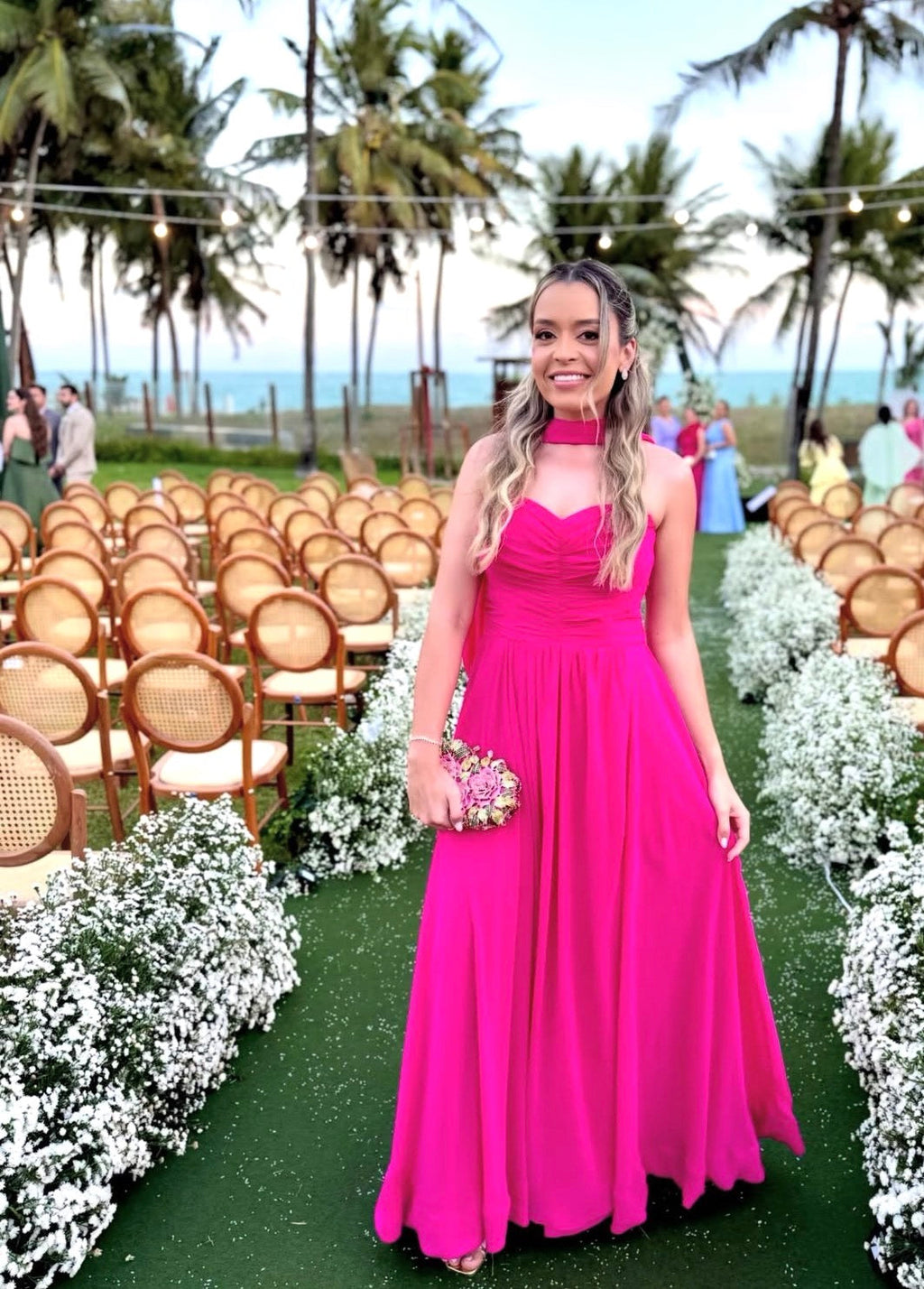 Hot Pink Chiffon Prom Dress A Line Wedding Guest Dress with Scarf