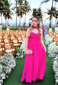 Hot Pink Chiffon Prom Dress A Line Wedding Guest Dress with Scarf