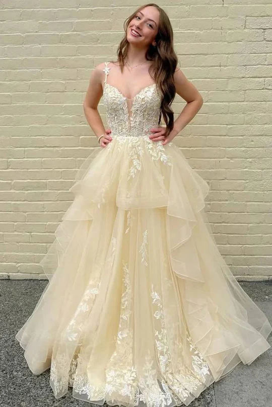 Unique Lace Appliques Ruffles Long Prom Outfits Holiday Dresses Party