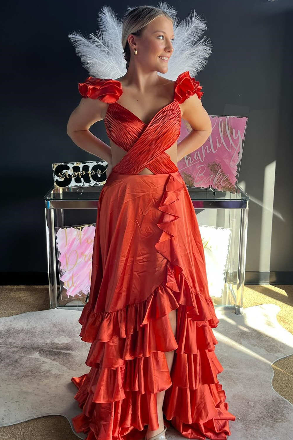Crossed Top Ruffled Layers Long Prom Dress with Slit