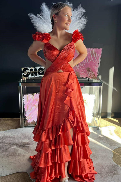 Crossed Top Ruffled Layers Long Prom Dress with Slit