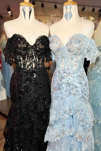 Lace A-Line Sweetheart Tiered Prom Dress With Slit And Train