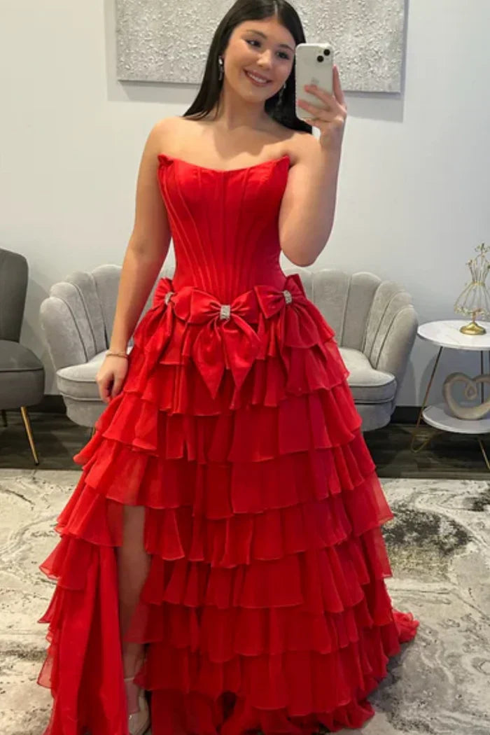 Bateau Strapless Two Tone Chiffon Tiered Party Prom Dress With Bows