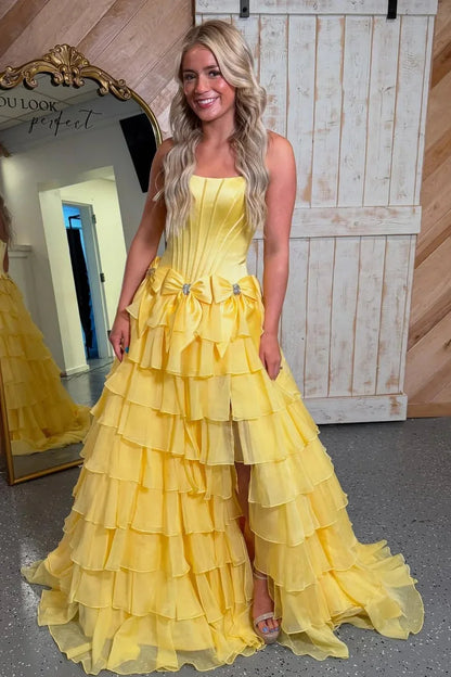 Bateau Strapless Two Tone Chiffon Tiered Party Prom Dress With Bows