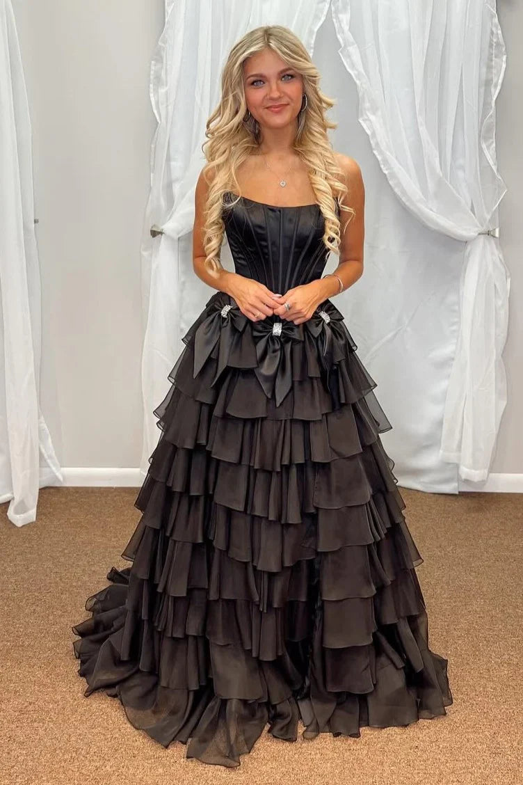Bateau Strapless Two Tone Chiffon Tiered Party Prom Dress With Bows