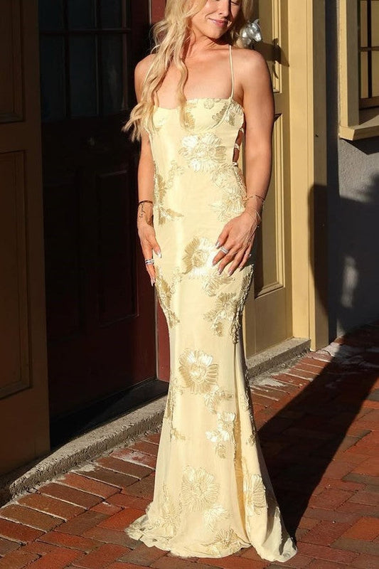 Chic Spaghetti Straps Jacquard Mermaid Maxi Prom Dress