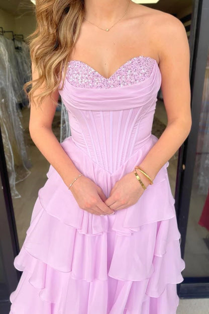 Strapless Sequin Chiffon Tiered Ruffle A-Line Prom Dress
