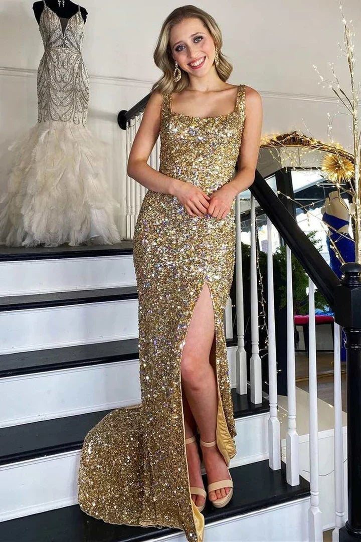 Gold Sequin Square Neck Prom Dress with High Side Slit