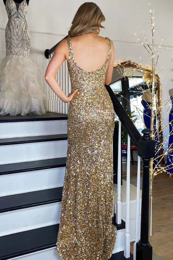 Gold Sequin Square Neck Prom Dress with High Side Slit