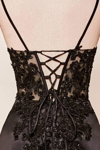 Black Plunging V Neck Lace-Up Appliques Mermaid Long Prom Dress with Slit