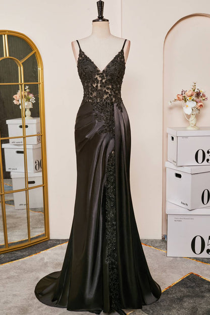 Black Plunging V Neck Lace-Up Appliques Mermaid Long Prom Dress with Slit