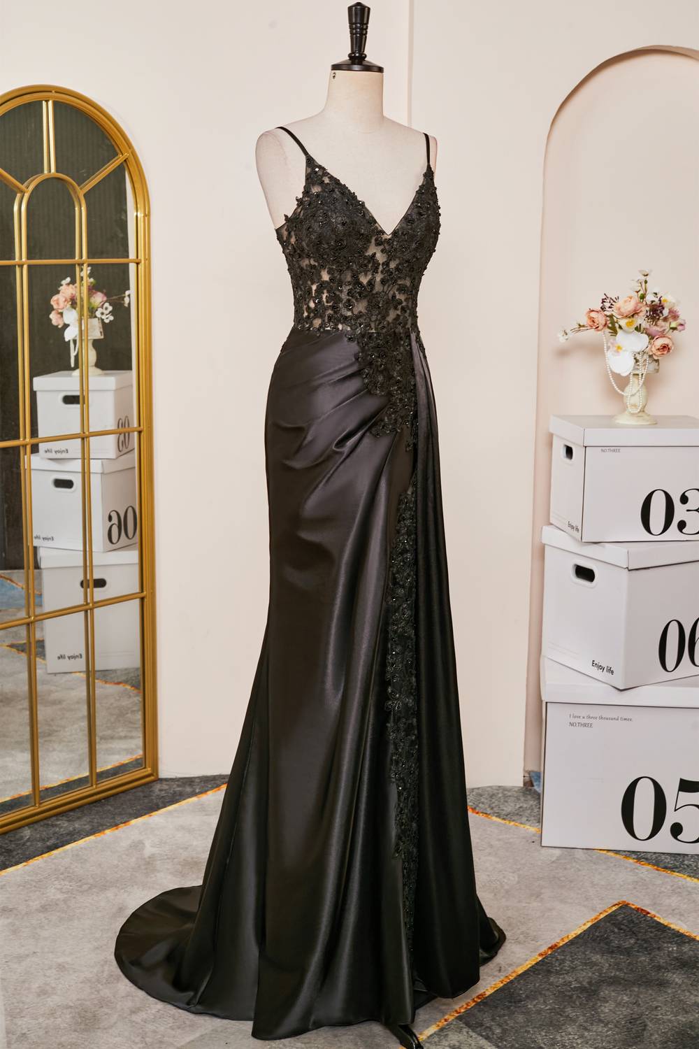 Black Plunging V Neck Lace-Up Appliques Mermaid Long Prom Dress with Slit