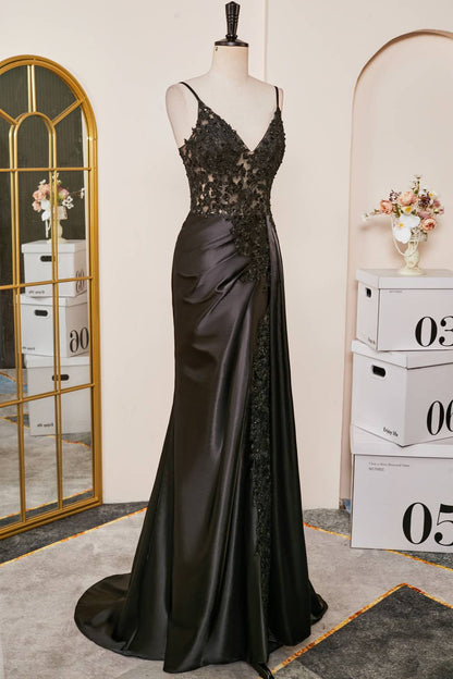 Black Plunging V Neck Lace-Up Appliques Mermaid Long Prom Dress with Slit