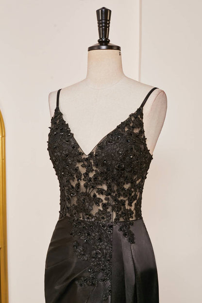 Black Plunging V Neck Lace-Up Appliques Mermaid Long Prom Dress with Slit
