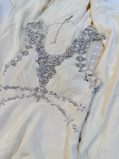 girlhomeshops-Cream Chiffon Sleeveless Floor-Length Beaded Evening Gown gh6309