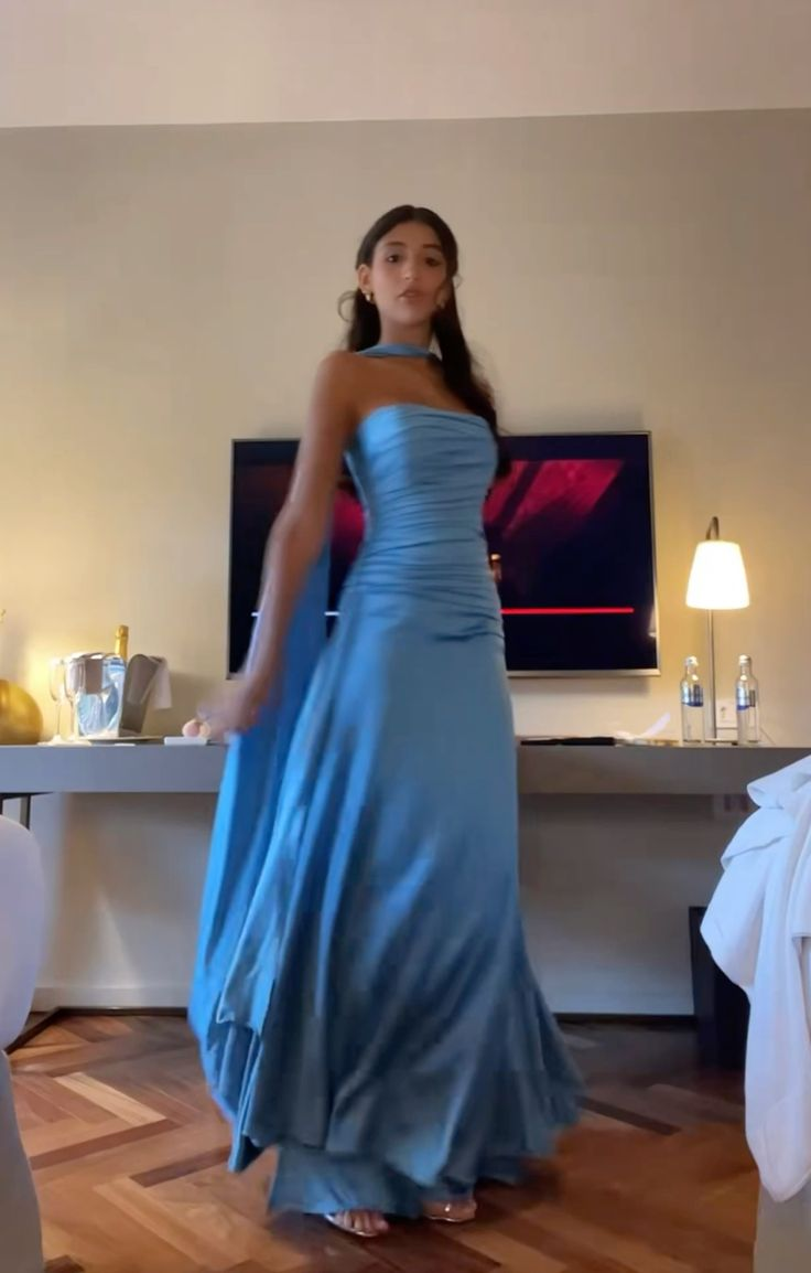 Strapless Blue Prom Dress Long Evening Party Gowns