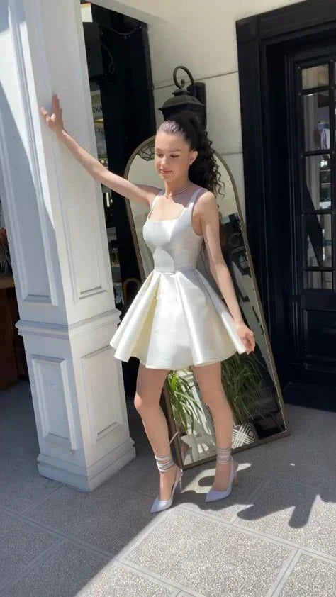 Vintage White Satin Short A-Line Party Dress Cocktail Dress Homecoming Dress TP4448