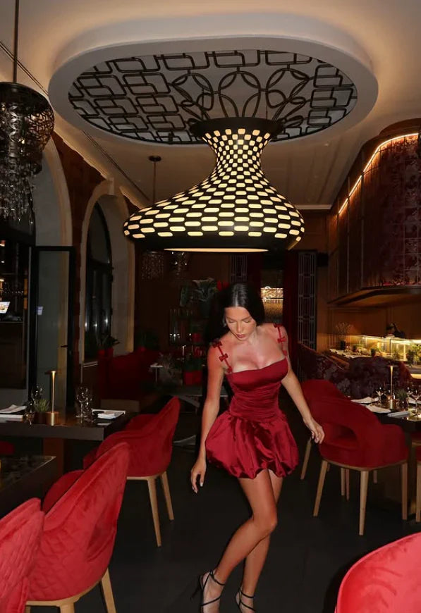 Vintage Burgundy Satin Spaghetti Strap Short A-Line Party Dress Cocktail Dress Homecoming Dress TP4435