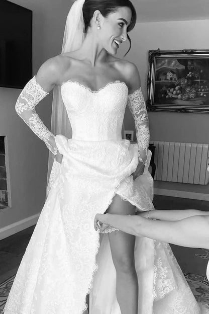 Lace A-Line Sweetheart Strapless Long Wedding Dress