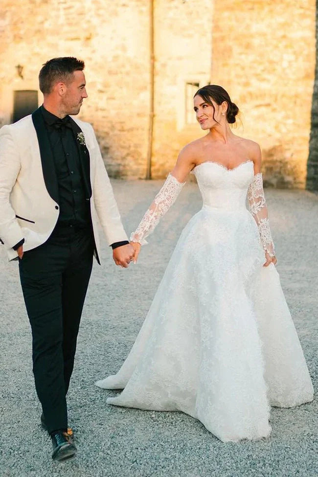 Lace A-Line Sweetheart Strapless Long Wedding Dress