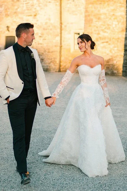 Lace A-Line Sweetheart Strapless Long Wedding Dress