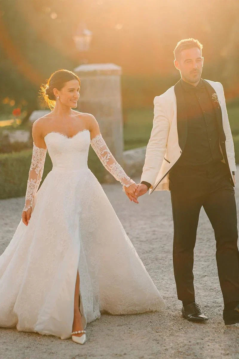 Lace A-Line Sweetheart Strapless Long Wedding Dress