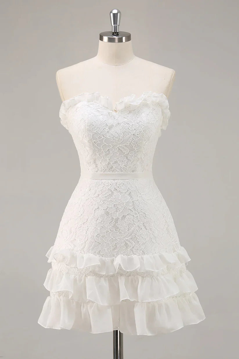 Lace A-Line Sweetheart Strapless Ruffle Homecoming Dress