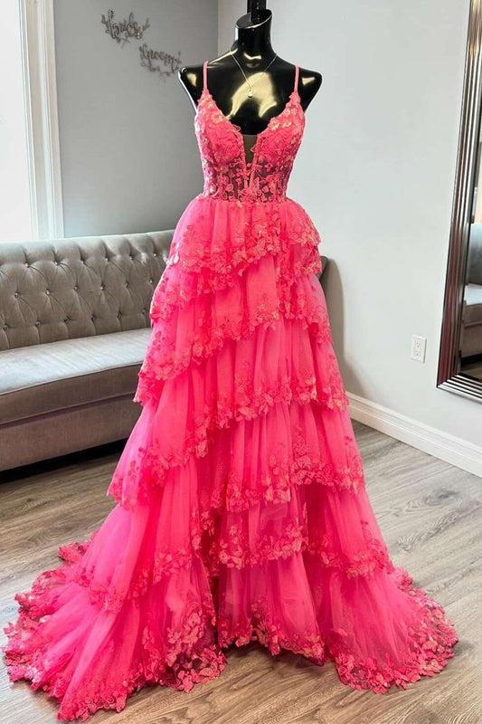 Lace A-Line V-Neck Sleeveless Sheer Empire Tiered Party Prom Dress