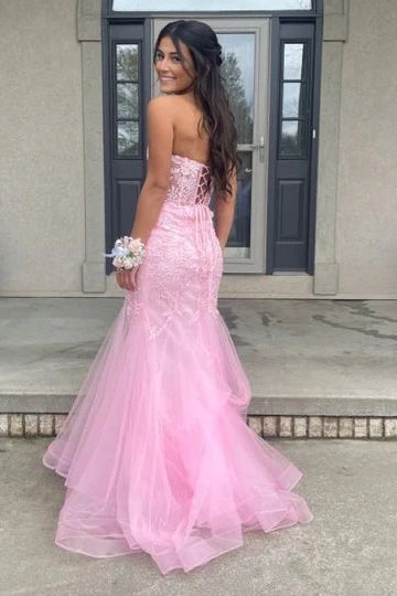 Lace Appliques Sweetheart Strapless Mermaid Party Prom Dress