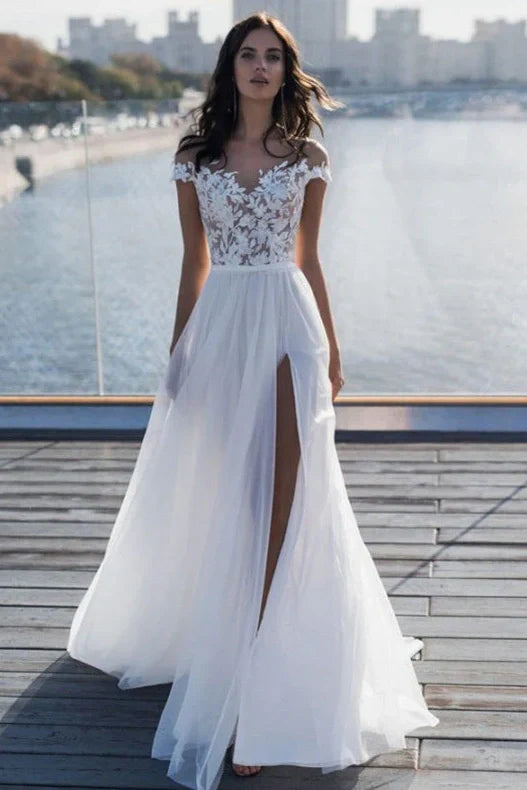 Lace Top Chiffon A-Line Sheer Summer Beach Wedding Dress