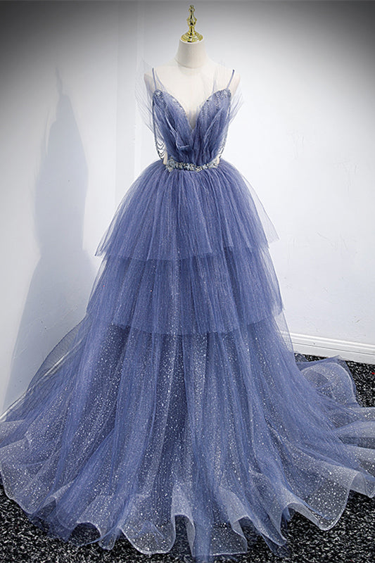 Sparkly Tulle A-Line Tiered Spaghetti Straps Prom Dress