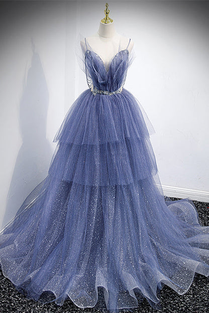 Sparkly Tulle A-Line Tiered Spaghetti Straps Prom Dress