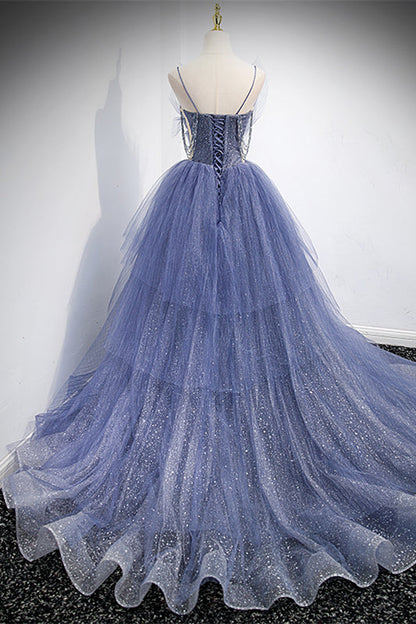 Sparkly Tulle A-Line Tiered Spaghetti Straps Prom Dress