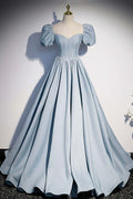 Light Blue Satin Long Prom Dress,A-Line Short Sleeve Evening Dresses