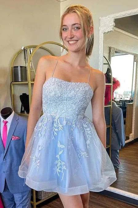 Light Blue Bateau Sleeveless Lace A-Line Short Homecoming Dress