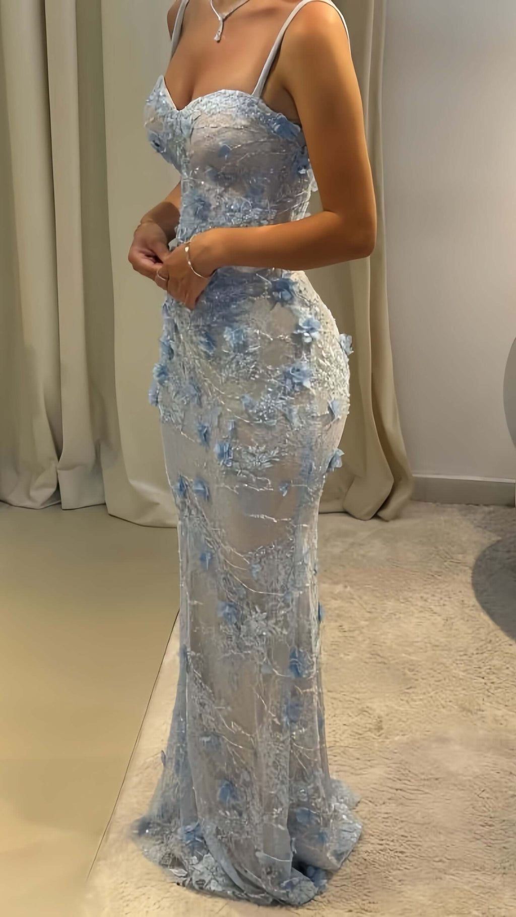 Floral Prom Dresses Mermaid Light Blue Formal Evening Gown Lace