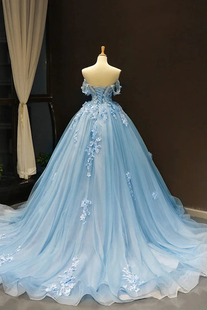 Light Blue Off-Shoulder Tulle A-Line Floral Appliques Prom Gown
