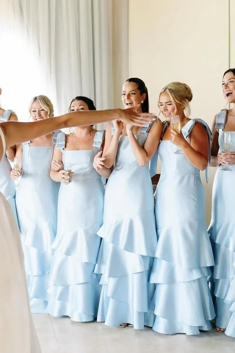 Light Blue Square Straps A-Line Tiered Bridesmaid Dress