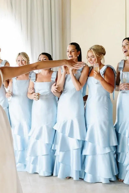 Light Blue Square Straps A-Line Tiered Bridesmaid Dress