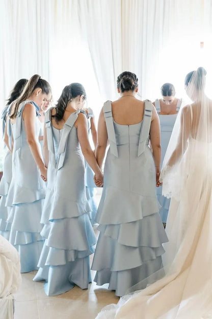 Light Blue Square Straps A-Line Tiered Bridesmaid Dress
