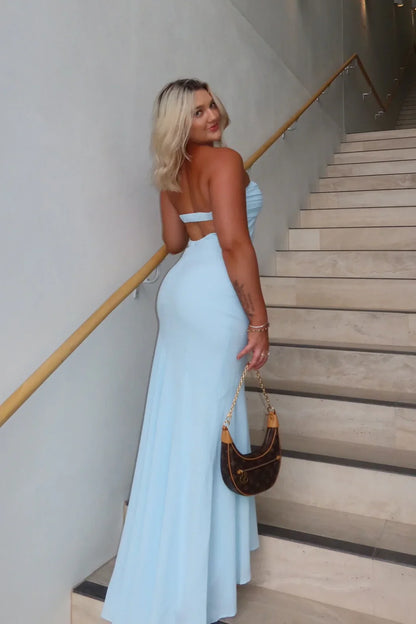 Light Blue Sweetheart Open Back Mermaid Satin Party Prom Dress